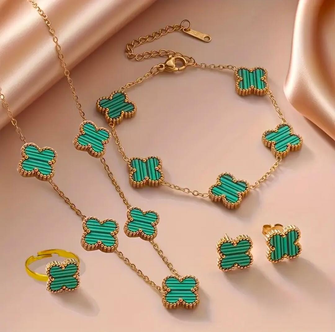 Lucky Clover 5-Piece Women’s Jewelry Set – Necklace, Ring, Bracelet & Earrings