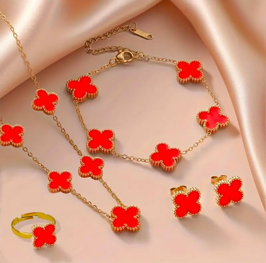 Lucky Clover 5-Piece Women’s Jewelry Set – Necklace, Ring, Bracelet & Earrings
