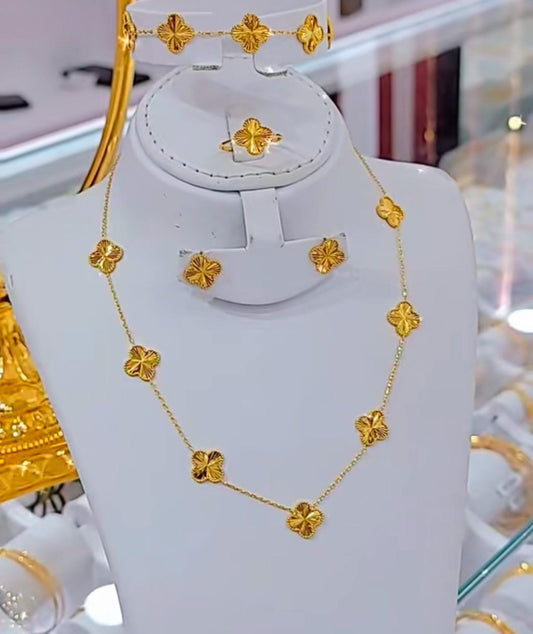 Van Cleef Inspired 21K Gold-Plated Four Leaf Clover Jewelry Set – Necklace, Bracelet, Ring & Earrings