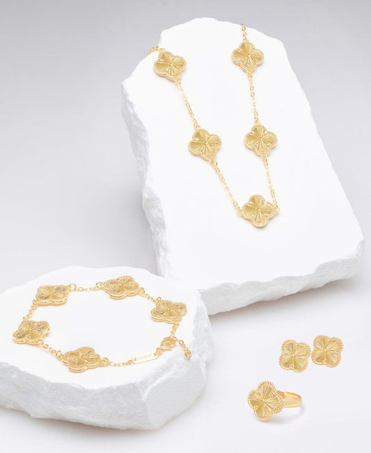 Van Cleef Inspired 21K Gold-Plated Four Leaf Clover Jewelry Set – Necklace, Bracelet, Ring & Earrings